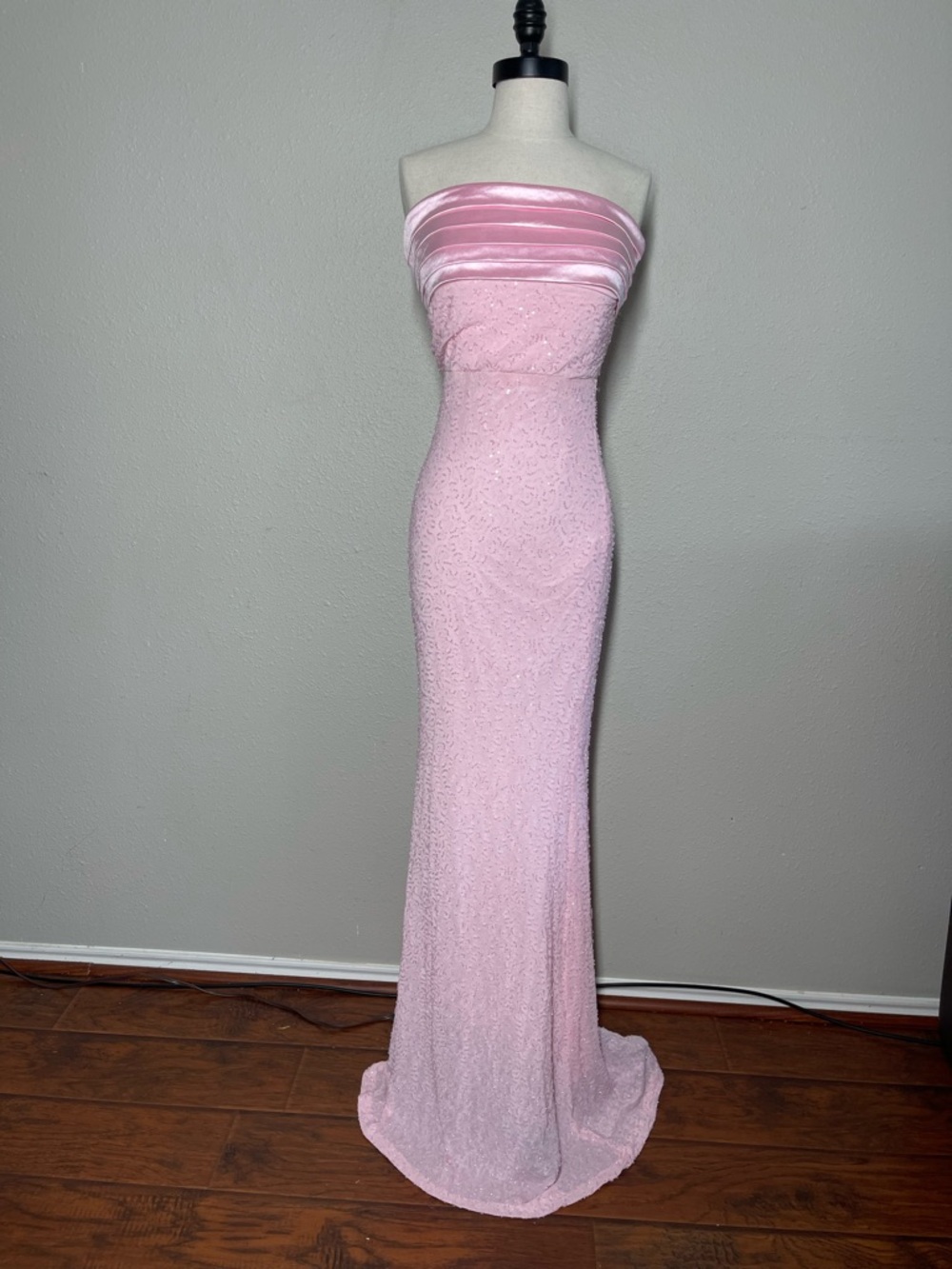 Windsor Strapless Pale Pink Beaded Column Gown with Satin Trim